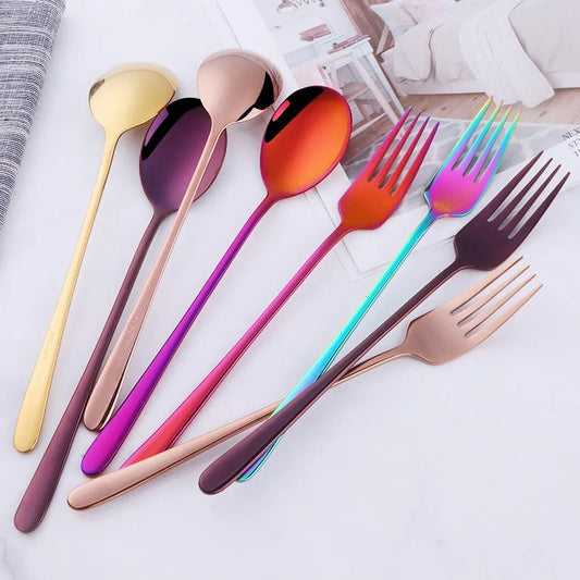 2pcs Stainless Steel Spoon & Fork Cutlery Set Dishwasher Safe Tableware Gold Spoons Dinnerware Set - Pics & Things
