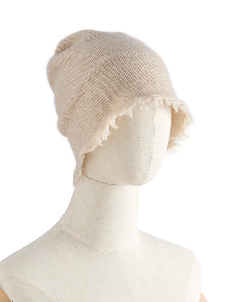 Mens Unisex Autumn Winter Cashmere 35% Cap Knit Bell Hat Broke Hem Warm Tassels Beanie Wool Rough Edge Bucket Hat Black Brown - Pics & Things