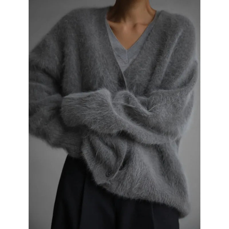 Oversized Cardigan - Women's Knit V - Neck Sweater - Pics & Things