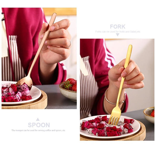 2pcs Stainless Steel Spoon & Fork Cutlery Set Dishwasher Safe Tableware Gold Spoons Dinnerware Set - Pics & Things