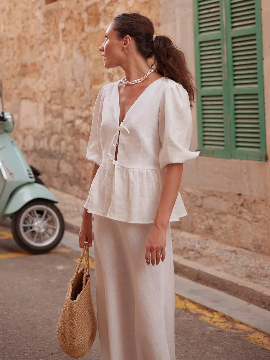 Bornladies 100% Cotton V - neck Lace Up Short Sleeved Skirt Set Summer Women's Bubble Sleeve Shirt Long Skirt Loose Casual Suit - Pics & Things