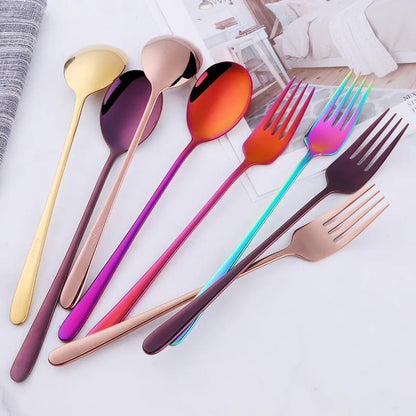 2pcs Stainless Steel Spoon & Fork Cutlery Set Dishwasher Safe Tableware Gold Spoons Dinnerware Set - Pics & Things